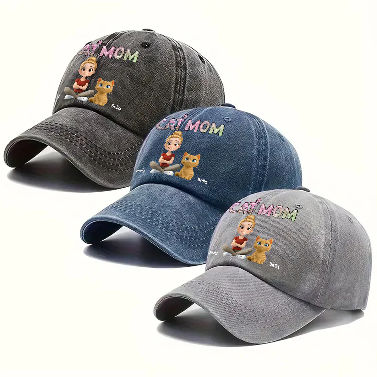 Lovely Chibi Cat Mom Cartoon - Personalized Custom Vintage Washed Denim Cap - Image 4