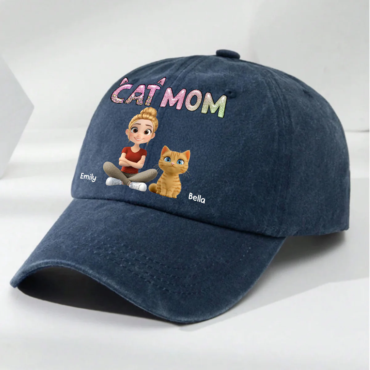 Lovely Chibi Cat Mom Cartoon - Personalized Custom Vintage Washed Denim Cap - Image 5