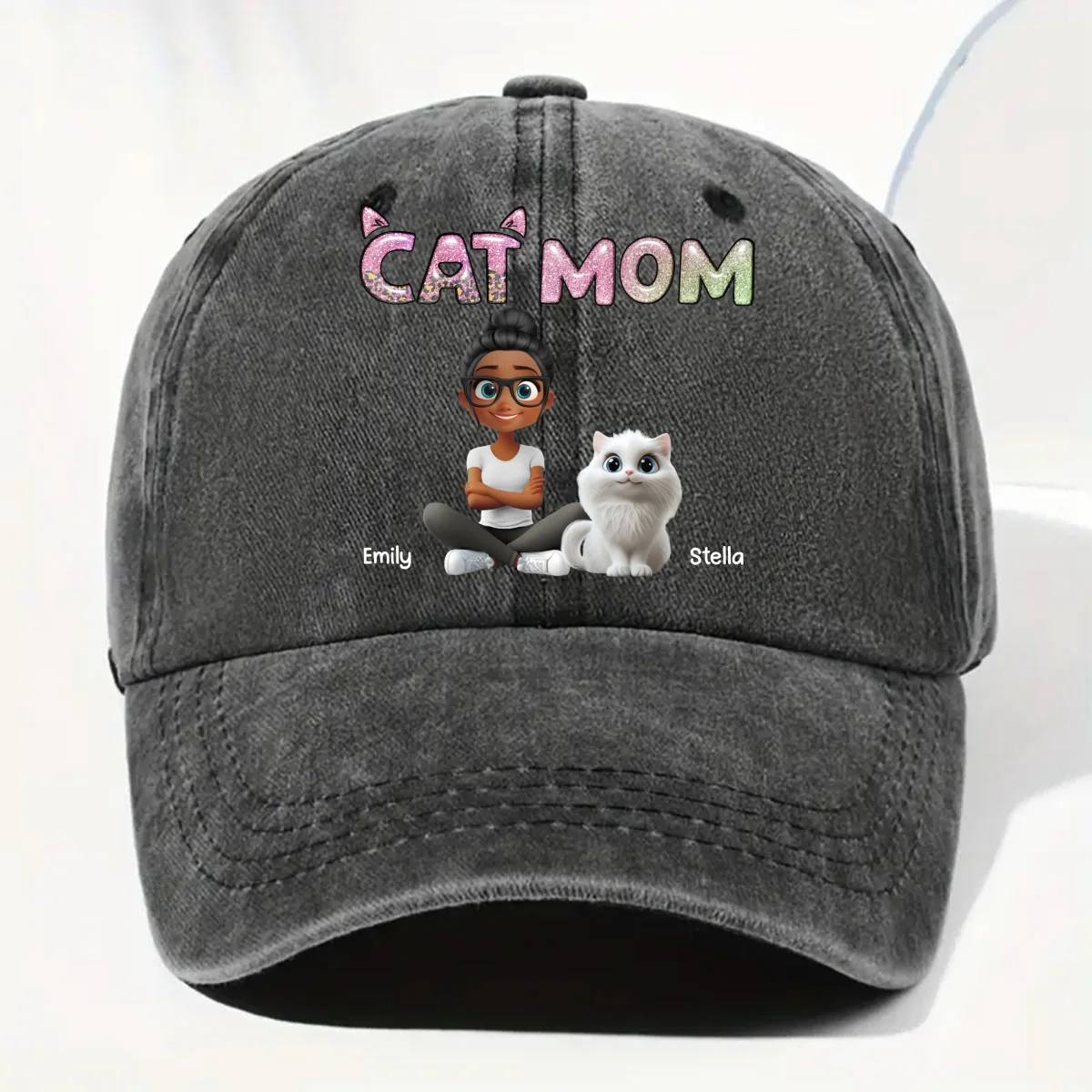 Lovely Chibi Cat Mom Cartoon - Personalized Custom Vintage Washed Denim Cap - Image 7
