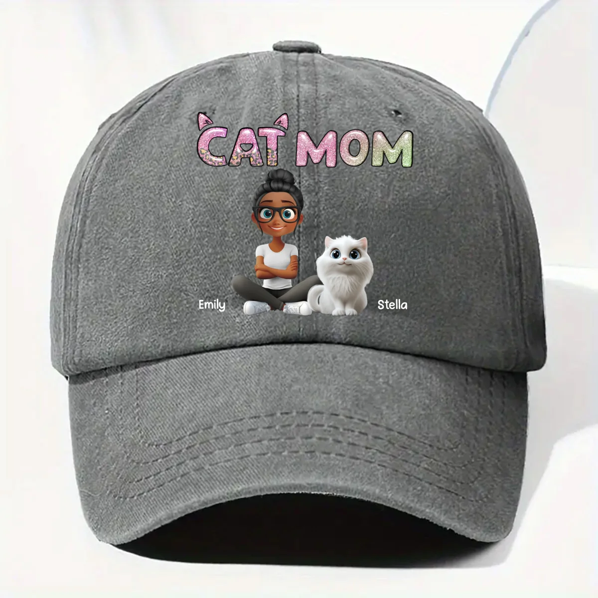 Lovely Chibi Cat Mom Cartoon - Personalized Custom Vintage Washed Denim Cap - Image 8