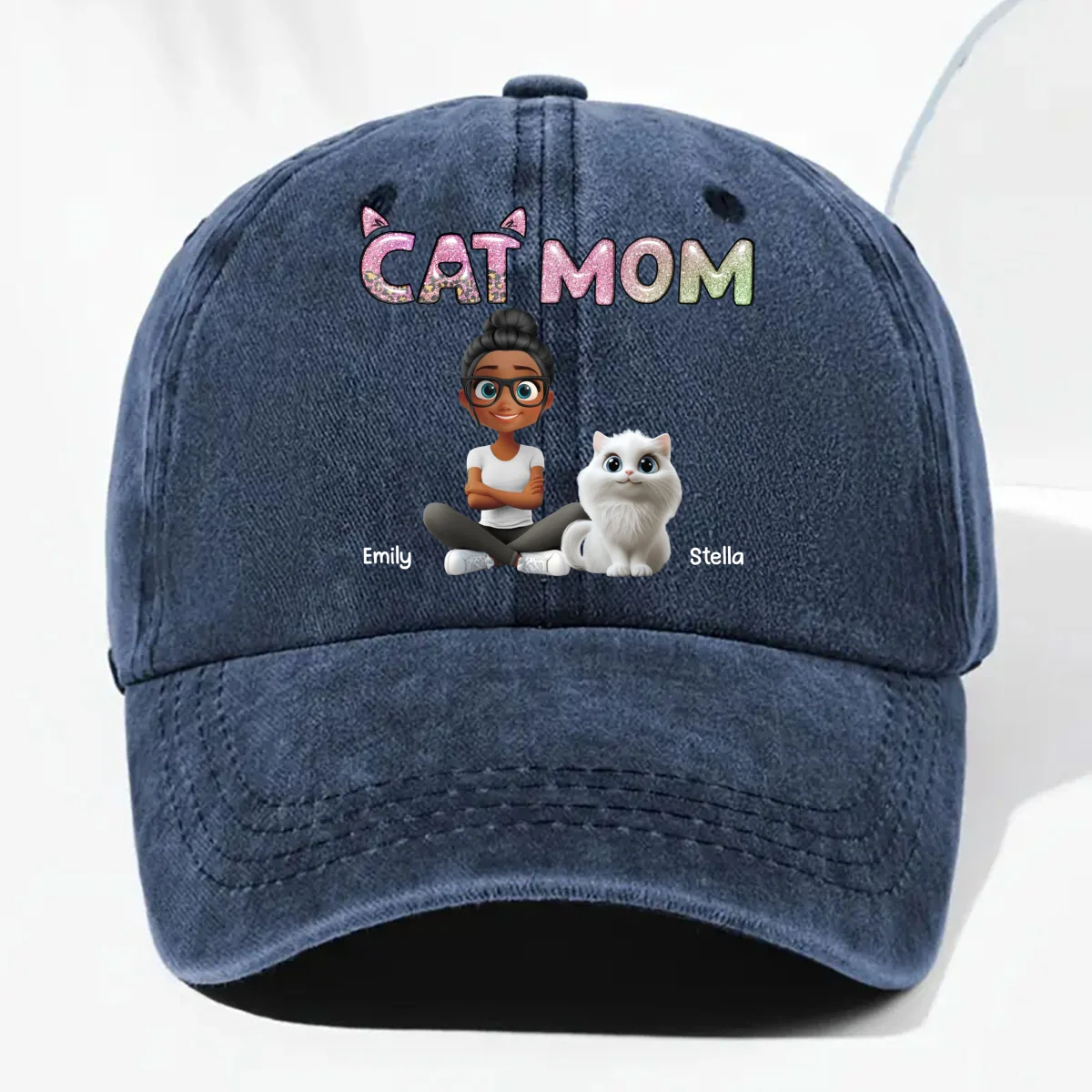 Lovely Chibi Cat Mom Cartoon - Personalized Custom Vintage Washed Denim Cap - Image 9
