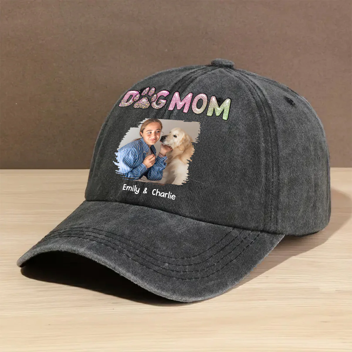 Lovely Chibi Dog Mom Cartoon Photo - Personalized Custom Vintage Washed Denim Cap - Image 2