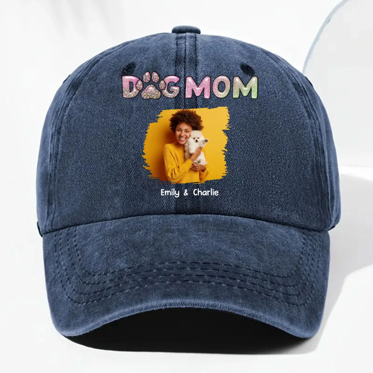 Lovely Chibi Dog Mom Cartoon Photo - Personalized Custom Vintage Washed Denim Cap - Image 6