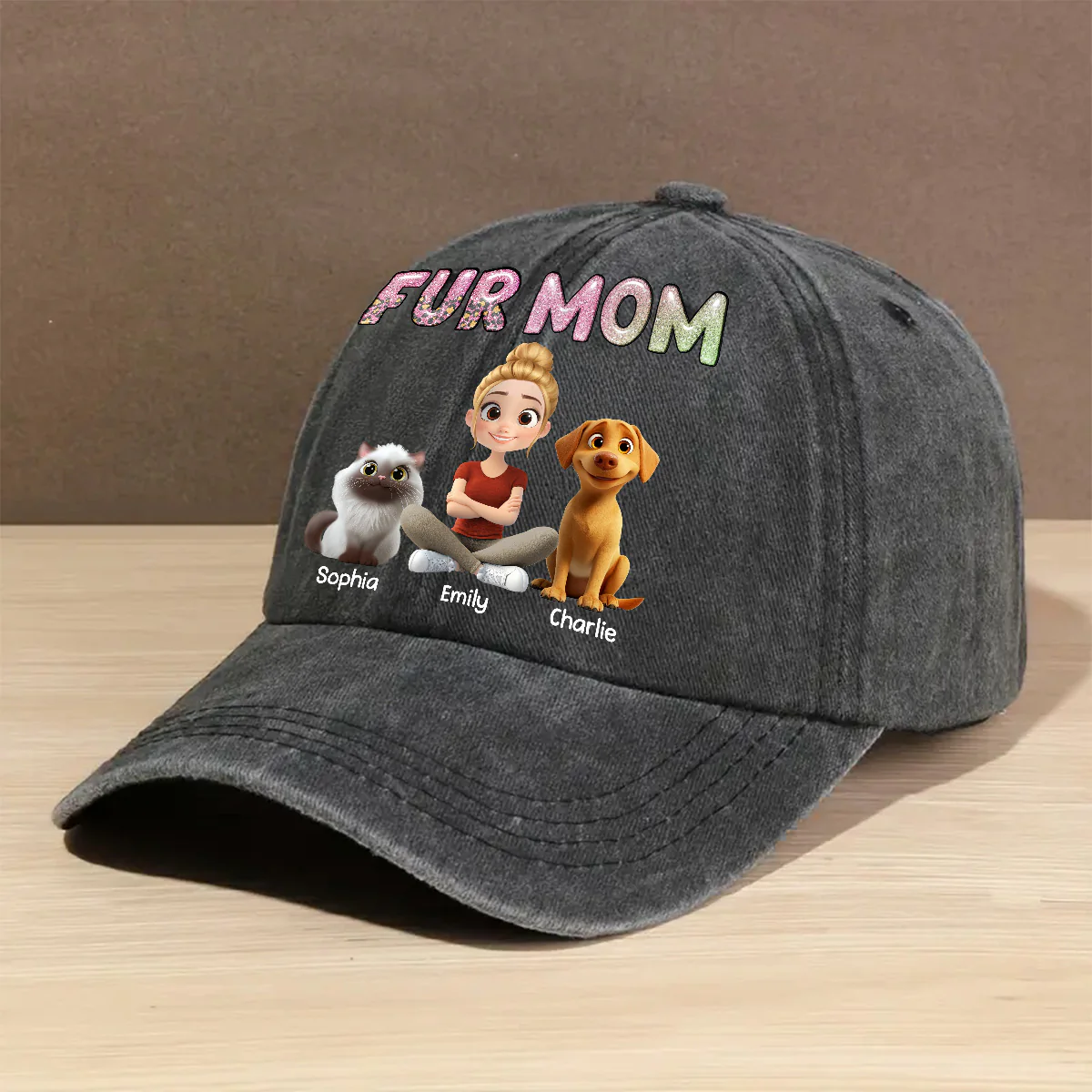 Lovely Chibi Pet Mom Cartoon - Personalized Custom Vintage Washed Denim Cap - Image 2