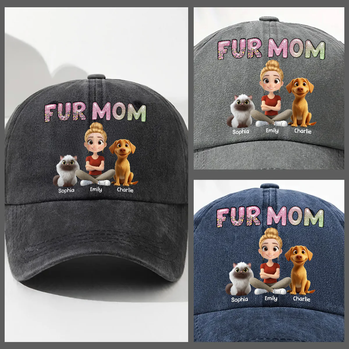Lovely Chibi Pet Mom Cartoon - Personalized Custom Vintage Washed Denim Cap - Image 3