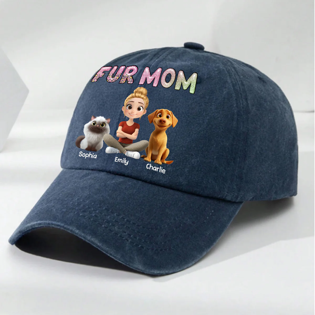 Lovely Chibi Pet Mom Cartoon - Personalized Custom Vintage Washed Denim Cap - Image 5