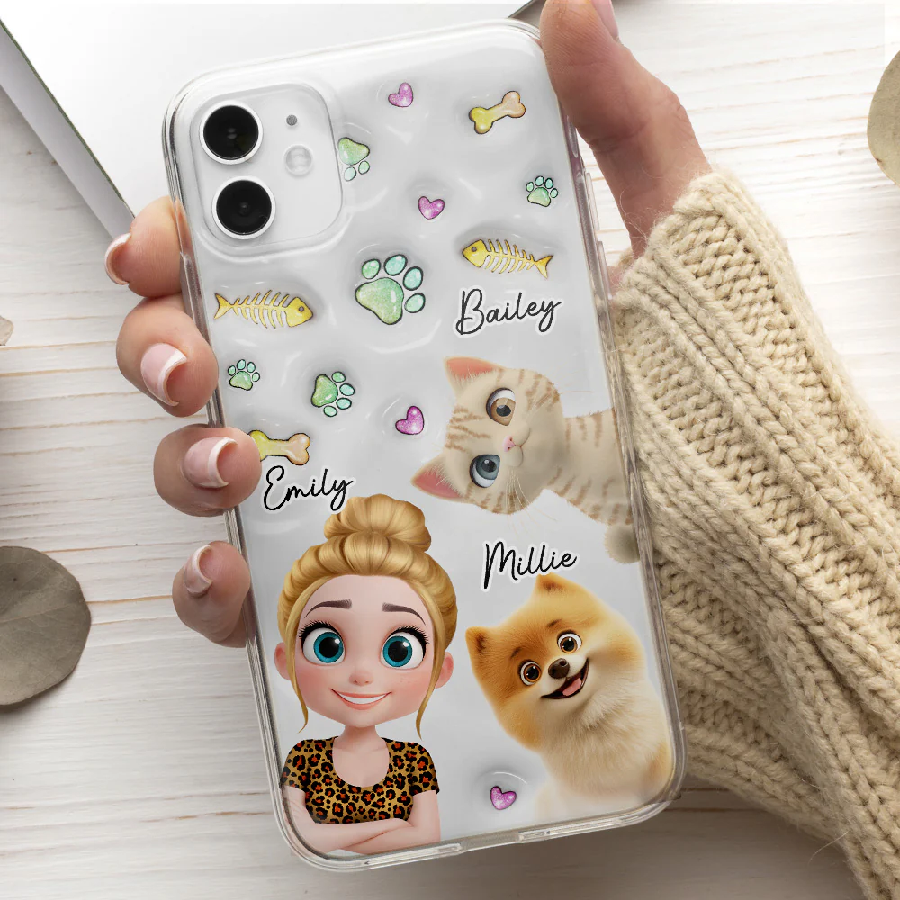 Lovely Human And Her Pets - Personalized Custom 3D Inflated Effect Phone Case - Image 2