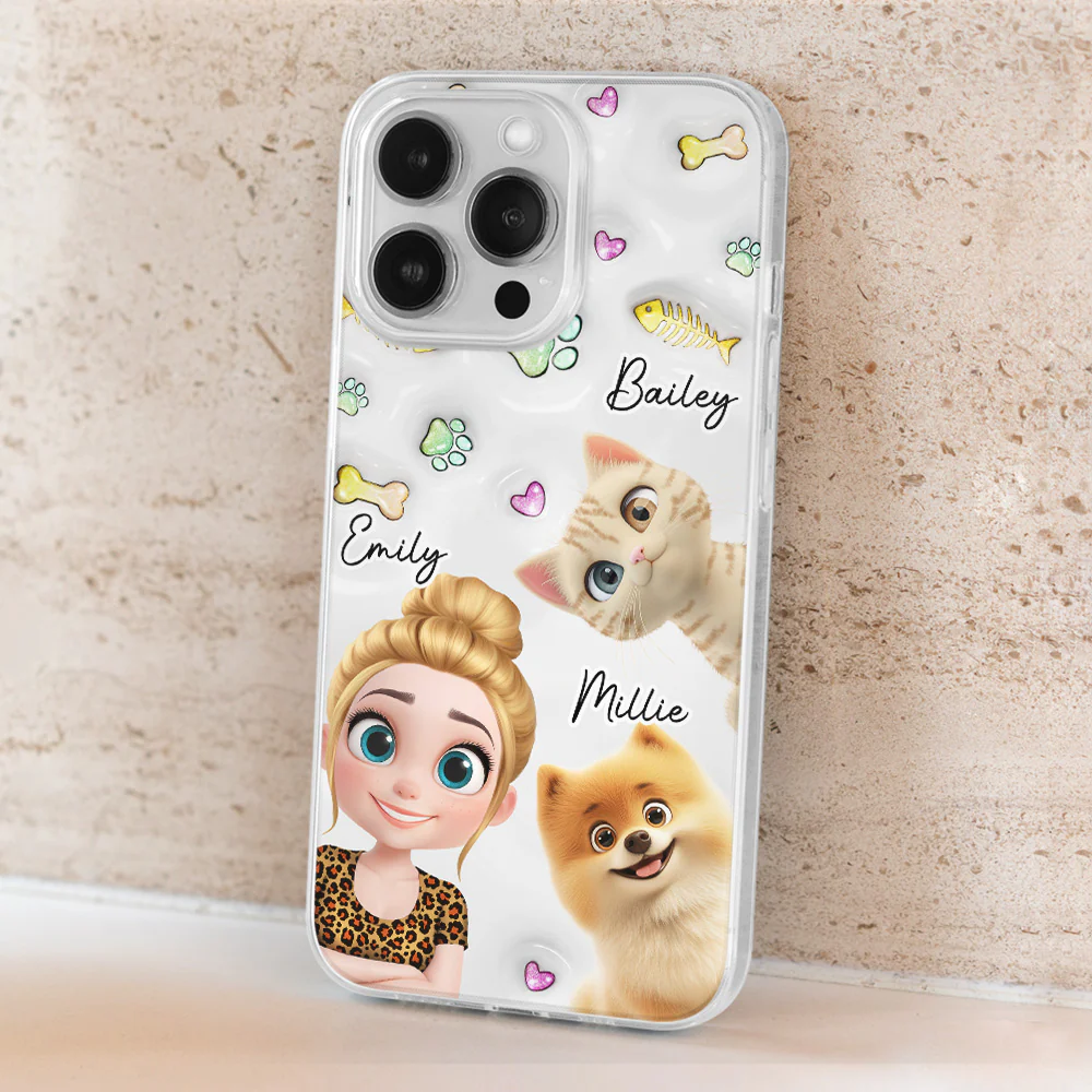 Lovely Human And Her Pets - Personalized Custom 3D Inflated Effect Phone Case - Image 4