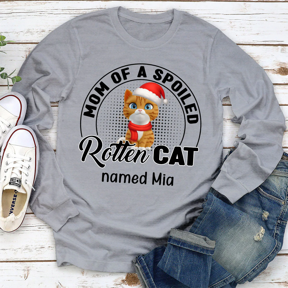 Lovely Spoiled Rotten Cat Chibi Cartoon Ver Christmas - Personalized Custom Long Sleeve T-Shirt - Image 3