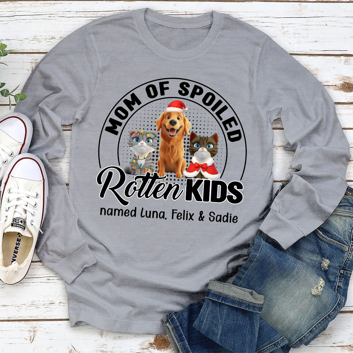 Lovely Spoiled Rotten Pet Chibi Cartoon Ver Christmas - Personalized Custom Long Sleeve T-Shirt - Image 3
