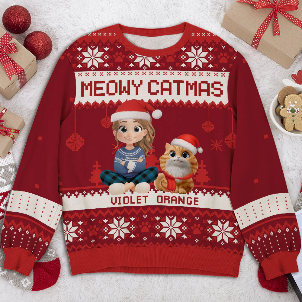Merry Catmas Cartoon - Personalized Custom All-Over-Print Sweatshirt - Image 2
