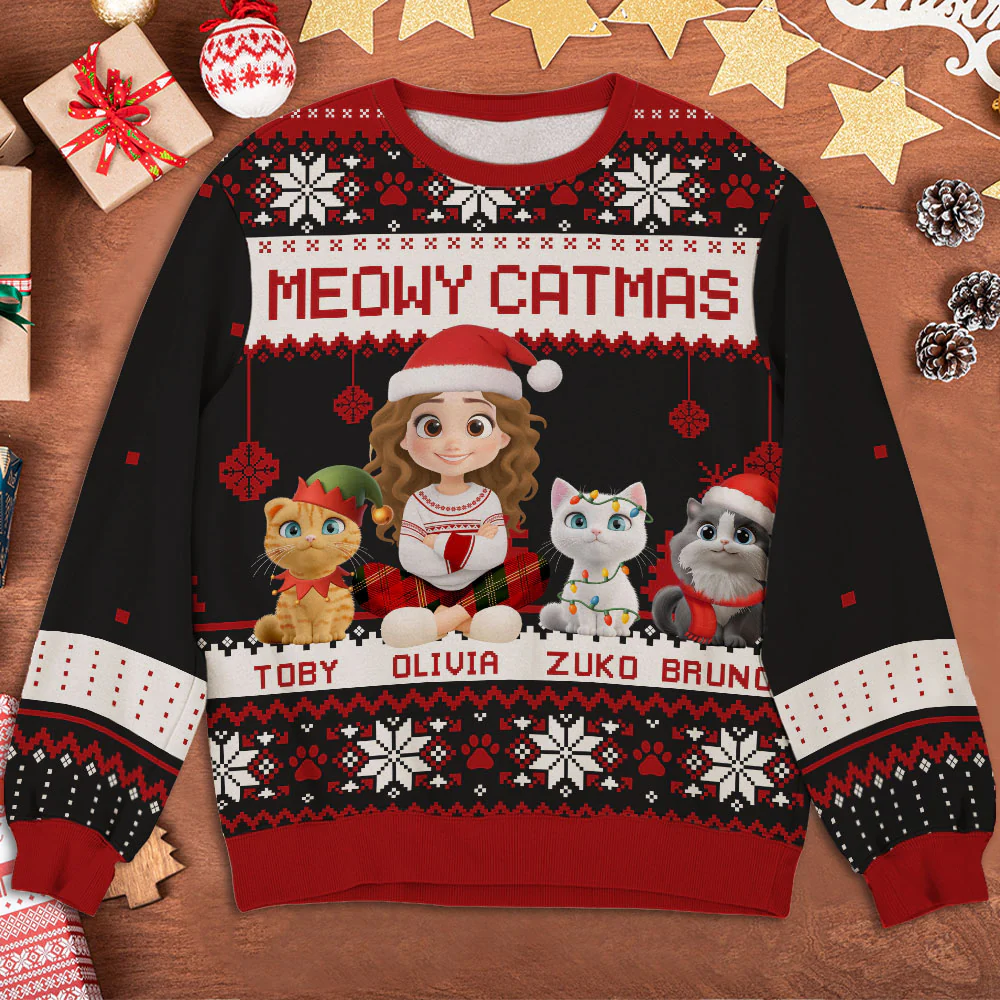 Merry Catmas Cartoon - Personalized Custom All-Over-Print Sweatshirt - Image 3