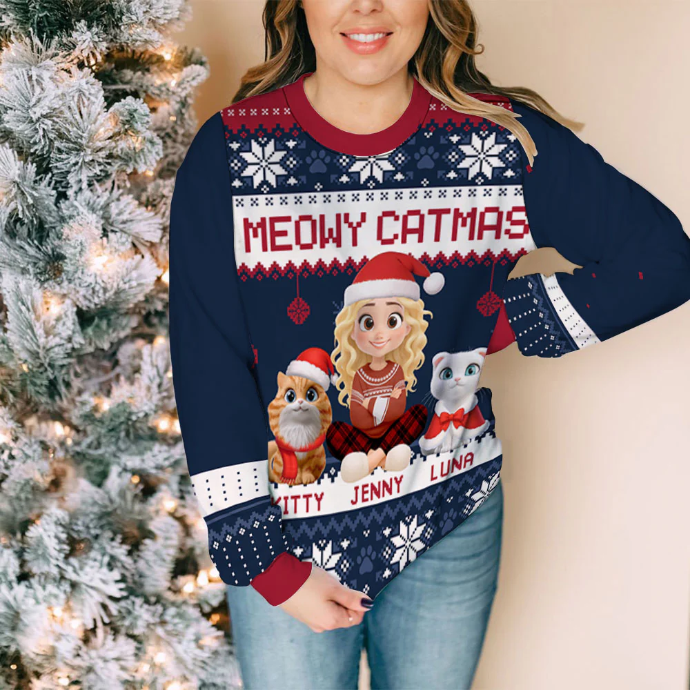 Merry Catmas Cartoon - Personalized Custom All-Over-Print Sweatshirt - Image 5