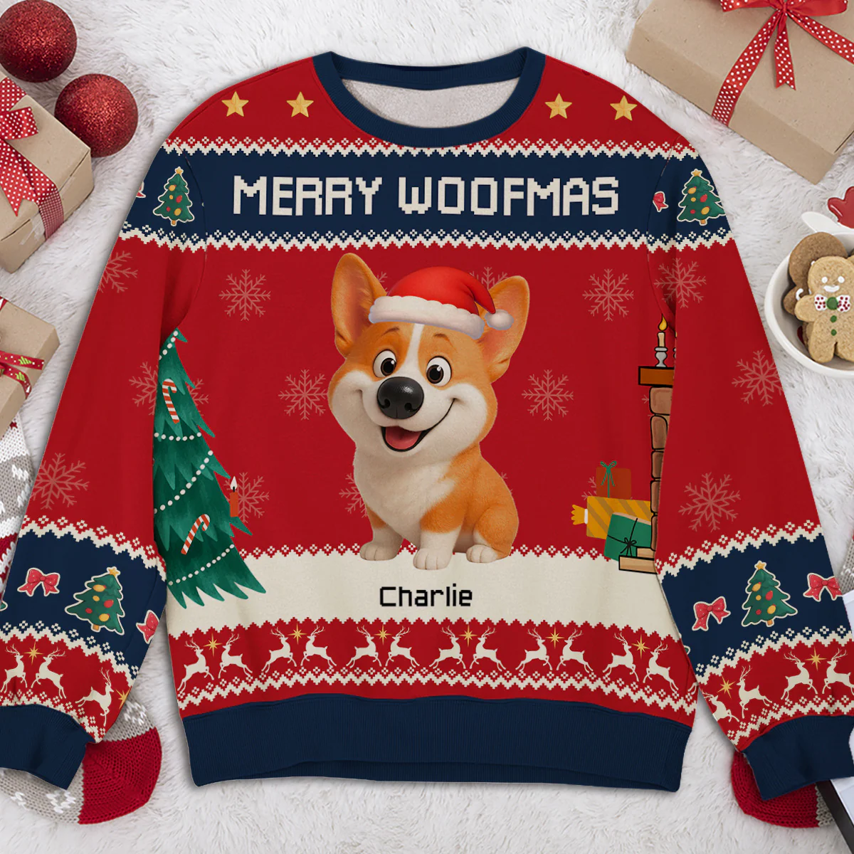 Merry Woofmas Caricature Dog Cartoon - Personalized Custom All-Over-Print Sweatshirt - Image 2