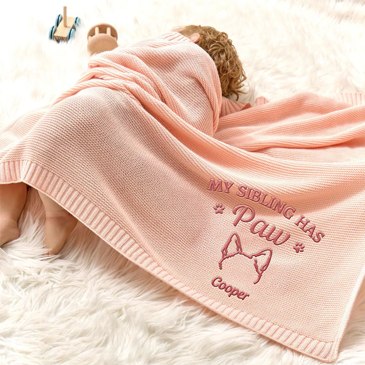 My Sibling Has Paws - Personalized Custom Embroidered Knitted Baby Blanket - Image 3