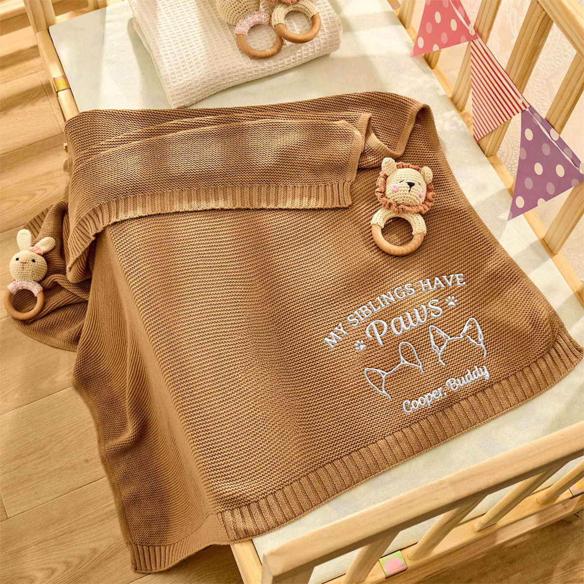 My Sibling Has Paws - Personalized Custom Embroidered Knitted Baby Blanket - Image 5
