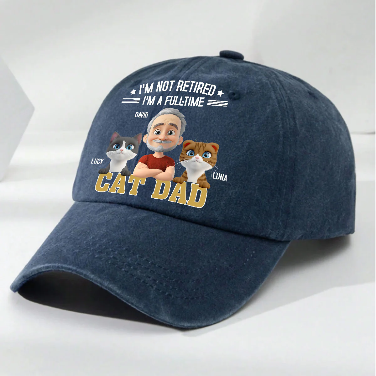 Not Retire Yet Cat Ver - Personalized Custom Vintage Washed Denim Cap - Image 5
