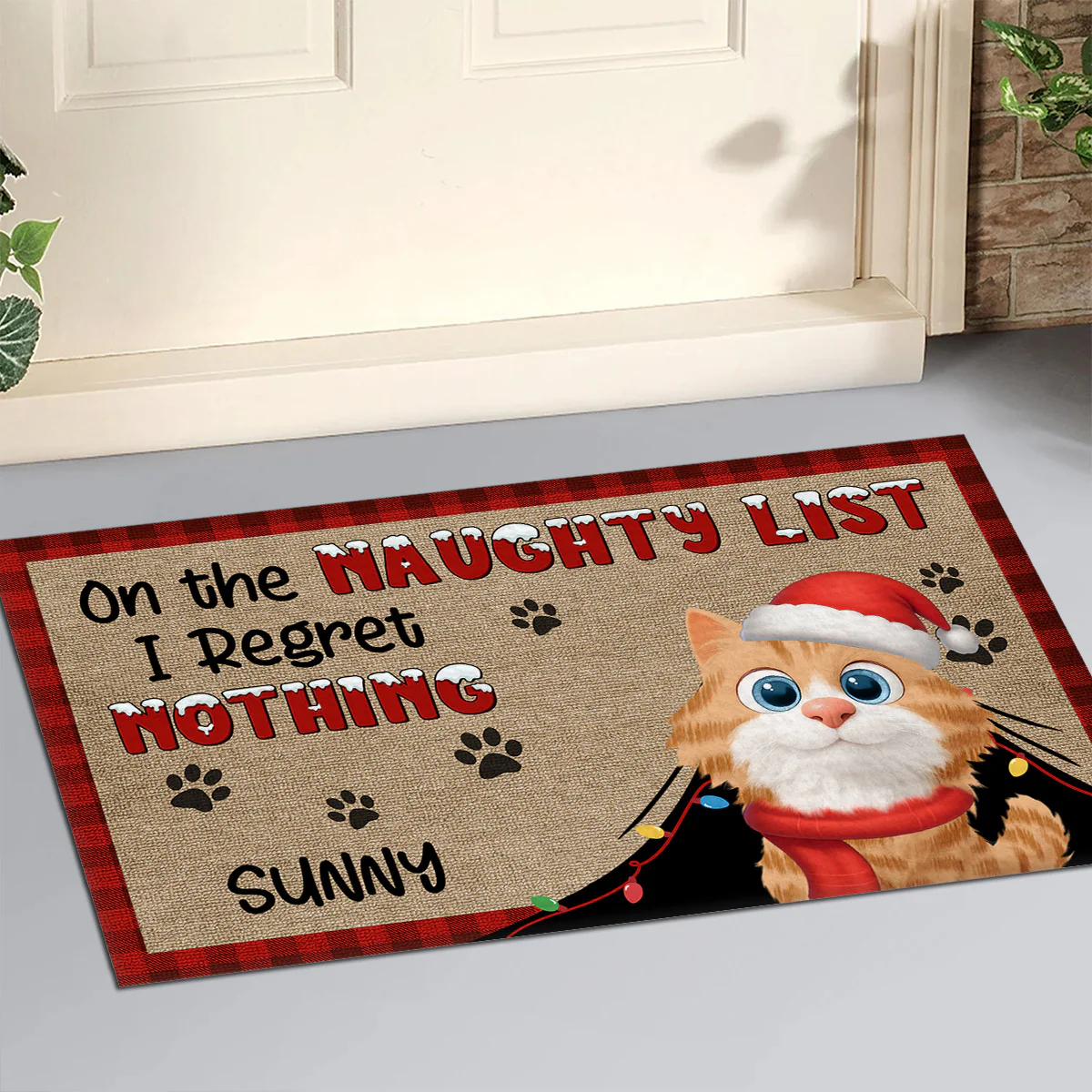 On Naughty List Cat Version - Personalized Custom Doormat - Image 2