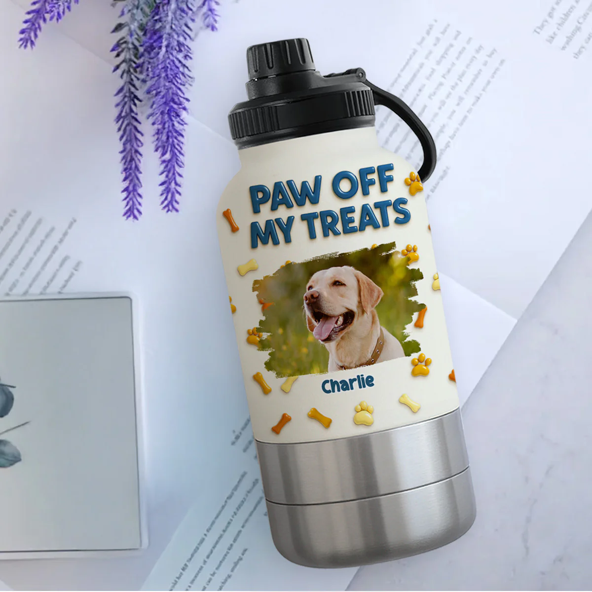 Paw Off My Treats Photo - Personalized Custom 30oz Water Bottle With Pet Bowl - Image 2