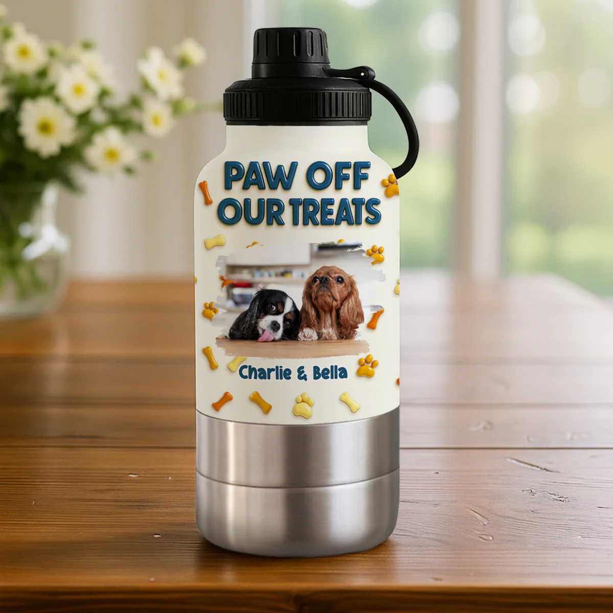 Paw Off My Treats Photo - Personalized Custom 30oz Water Bottle With Pet Bowl - Image 3