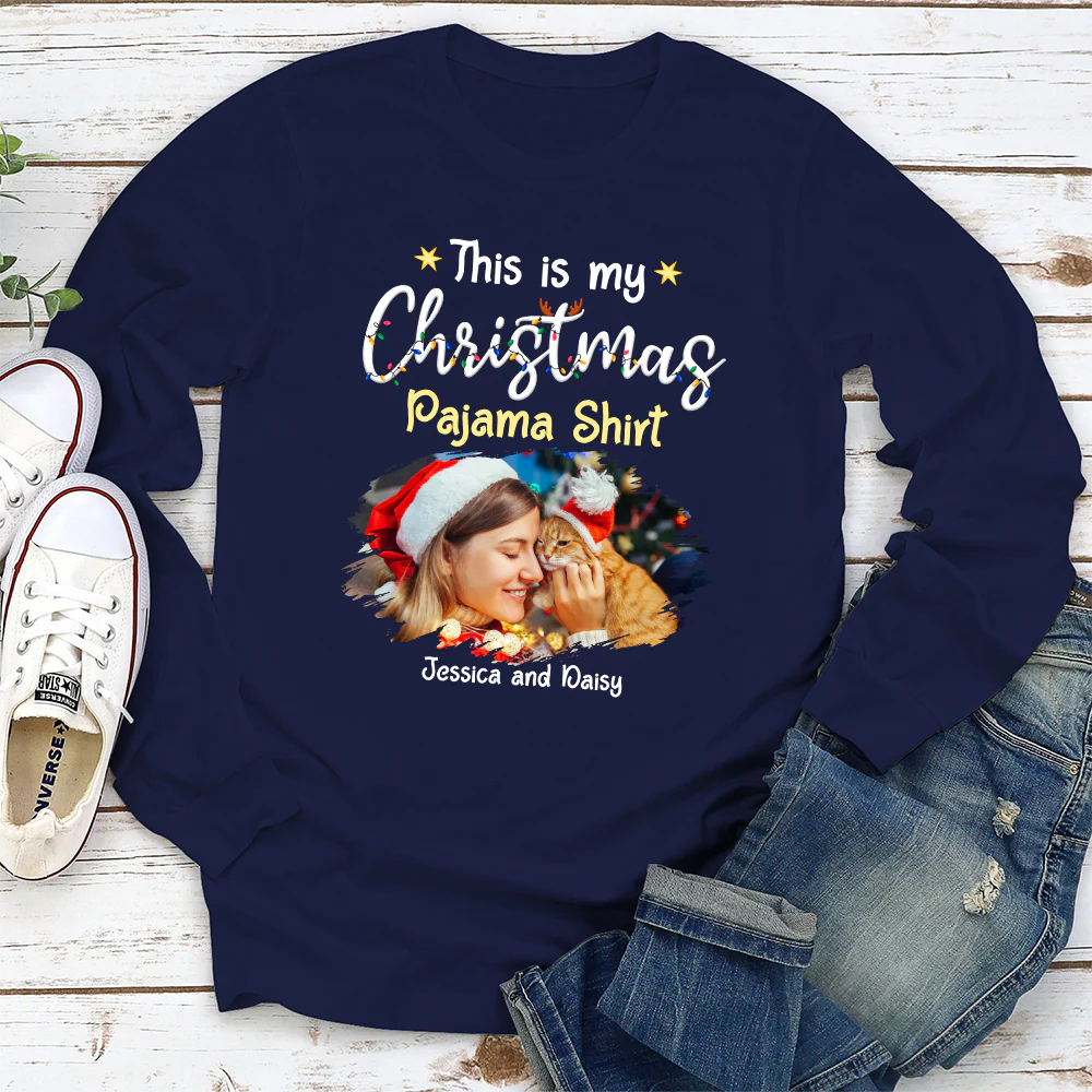 Pawjama Shirt Cartoon Christmas Photo - Personalized Custom Long Sleeve T-shirt - Image 3