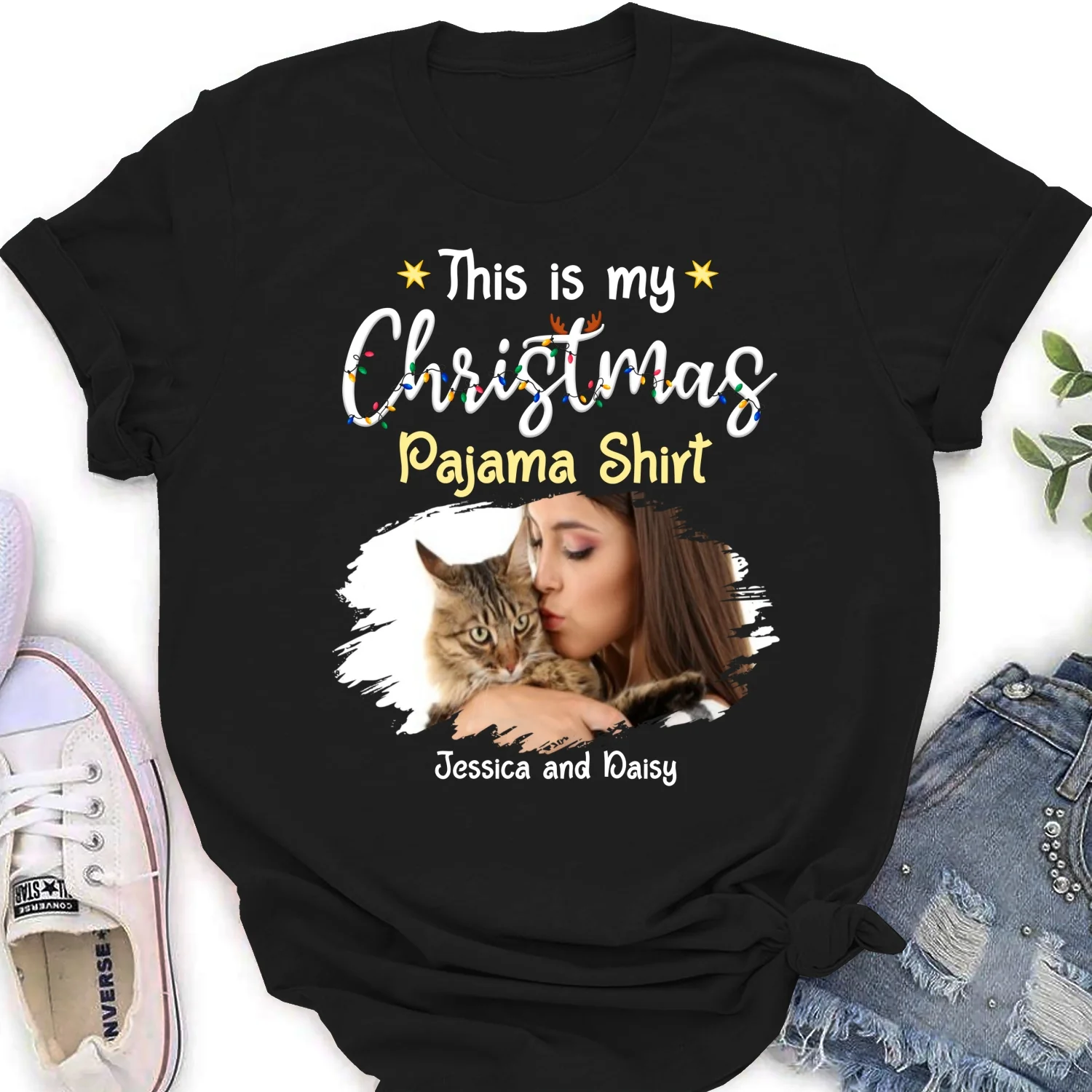 Pawjama Shirt Cartoon Christmas Photo - Personalized Custom Women's T-shirt - Image 6