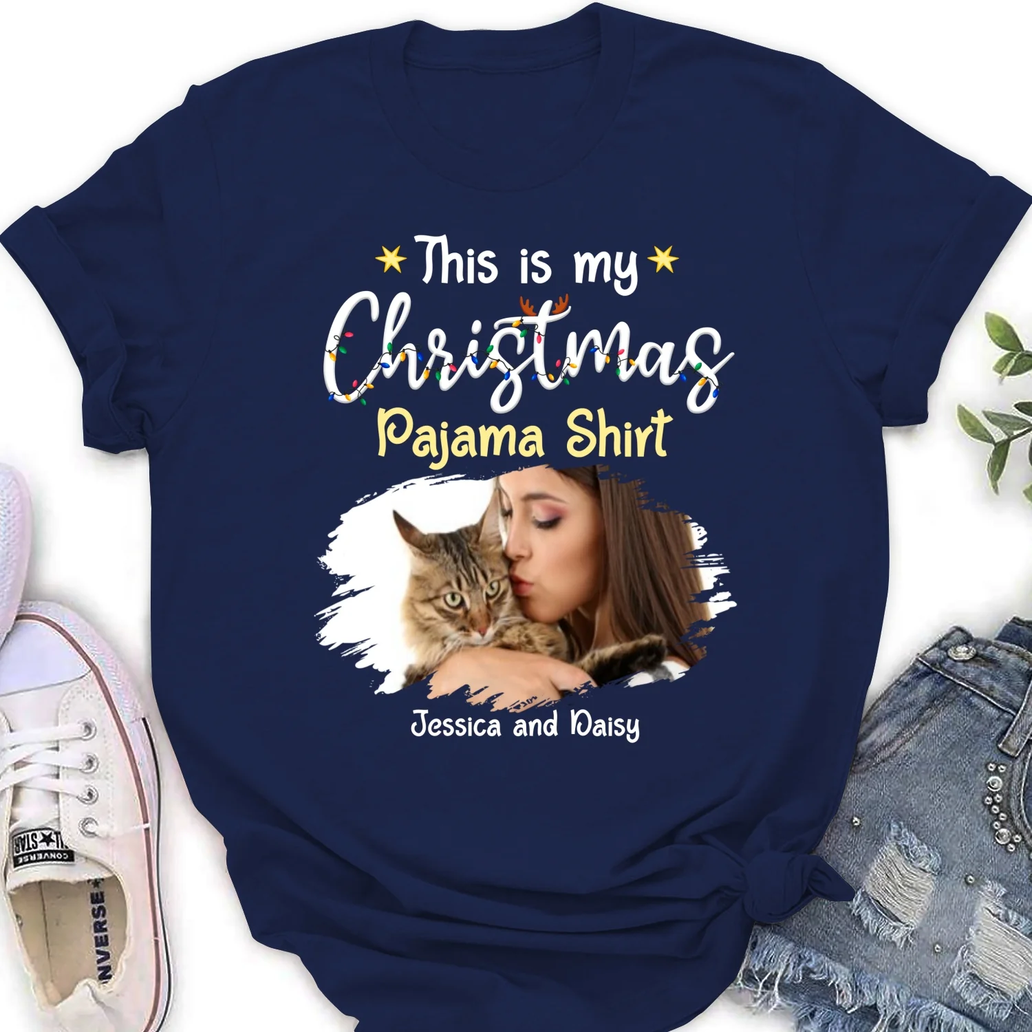 Pawjama Shirt Cartoon Christmas Photo - Personalized Custom Women's T-shirt - Image 7