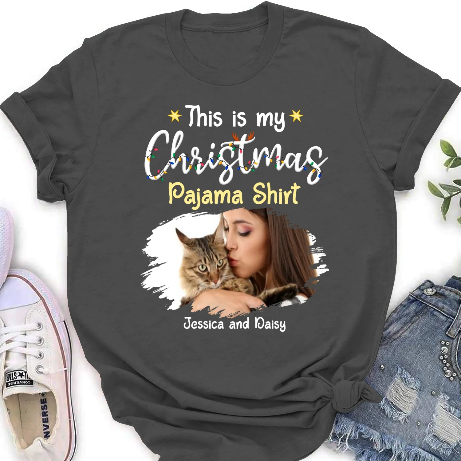 Pawjama Shirt Cartoon Christmas Photo - Personalized Custom Women's T-shirt - Image 9