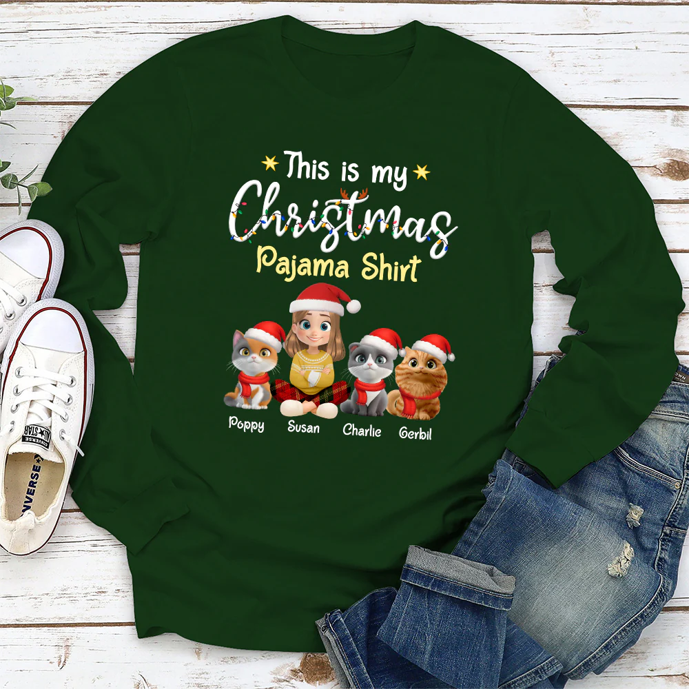 Pawjama Shirt Cartoon Christmas Ver Cat - Personalized Custom Long Sleeve T-shirt - Image 2