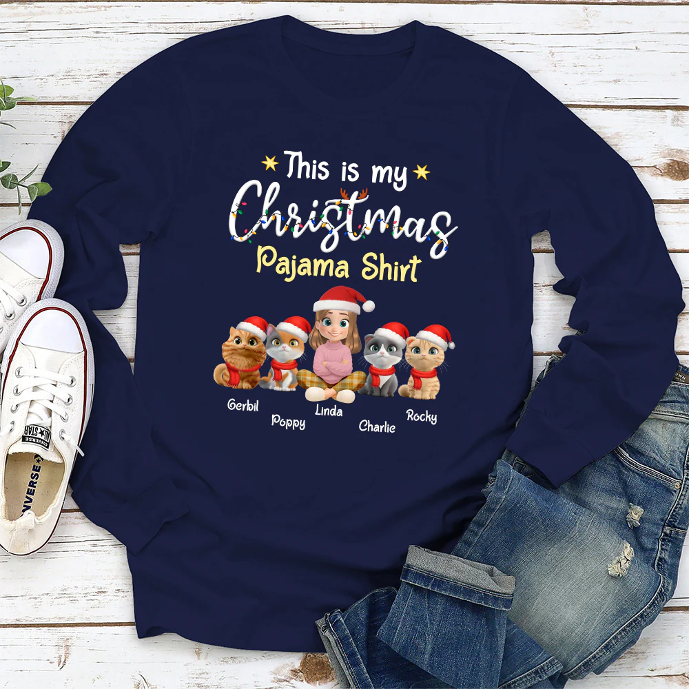 Pawjama Shirt Cartoon Christmas Ver Cat - Personalized Custom Long Sleeve T-shirt - Image 3