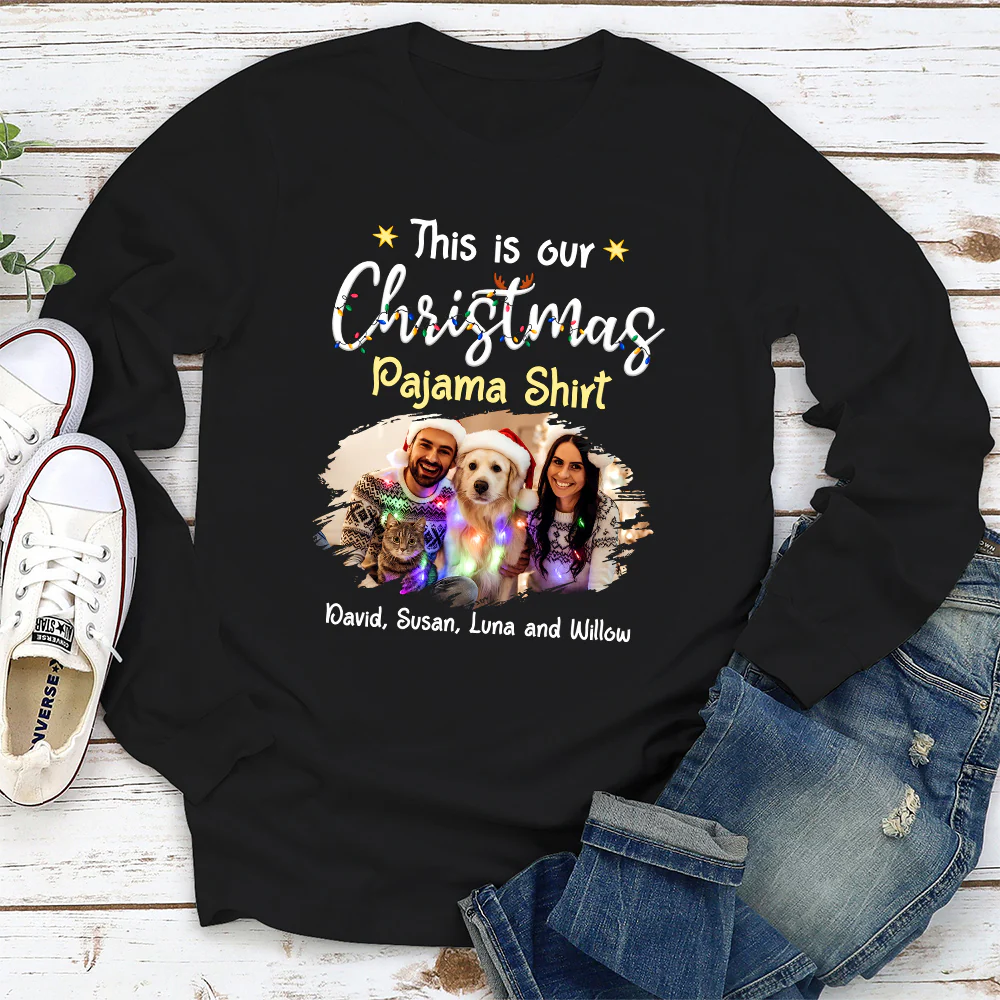 Pawjama Shirt Cartoon Christmas Ver Couple Photo - Personalized Custom Long Sleeve T-Shirt