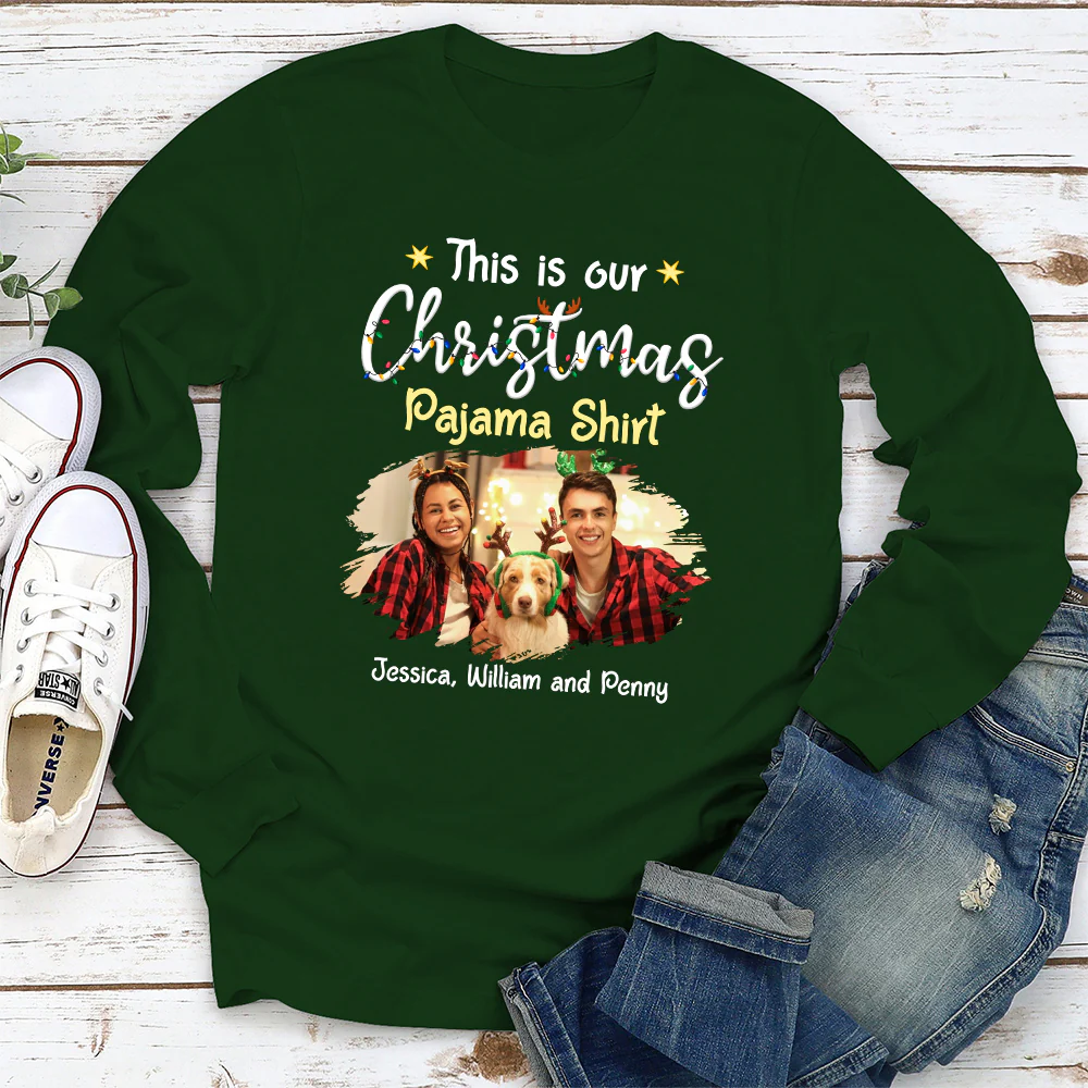 Pawjama Shirt Cartoon Christmas Ver Couple Photo - Personalized Custom Long Sleeve T-Shirt - Image 2