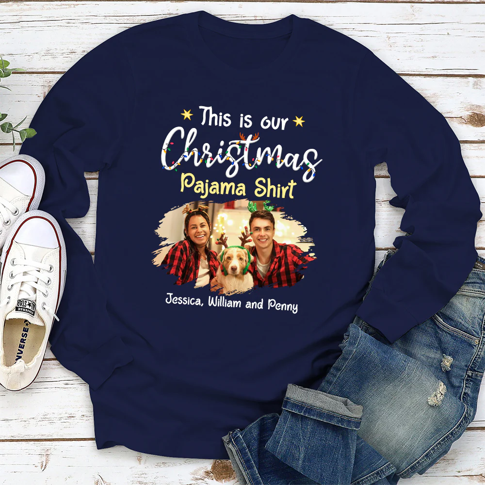 Pawjama Shirt Cartoon Christmas Ver Couple Photo - Personalized Custom Long Sleeve T-Shirt - Image 3