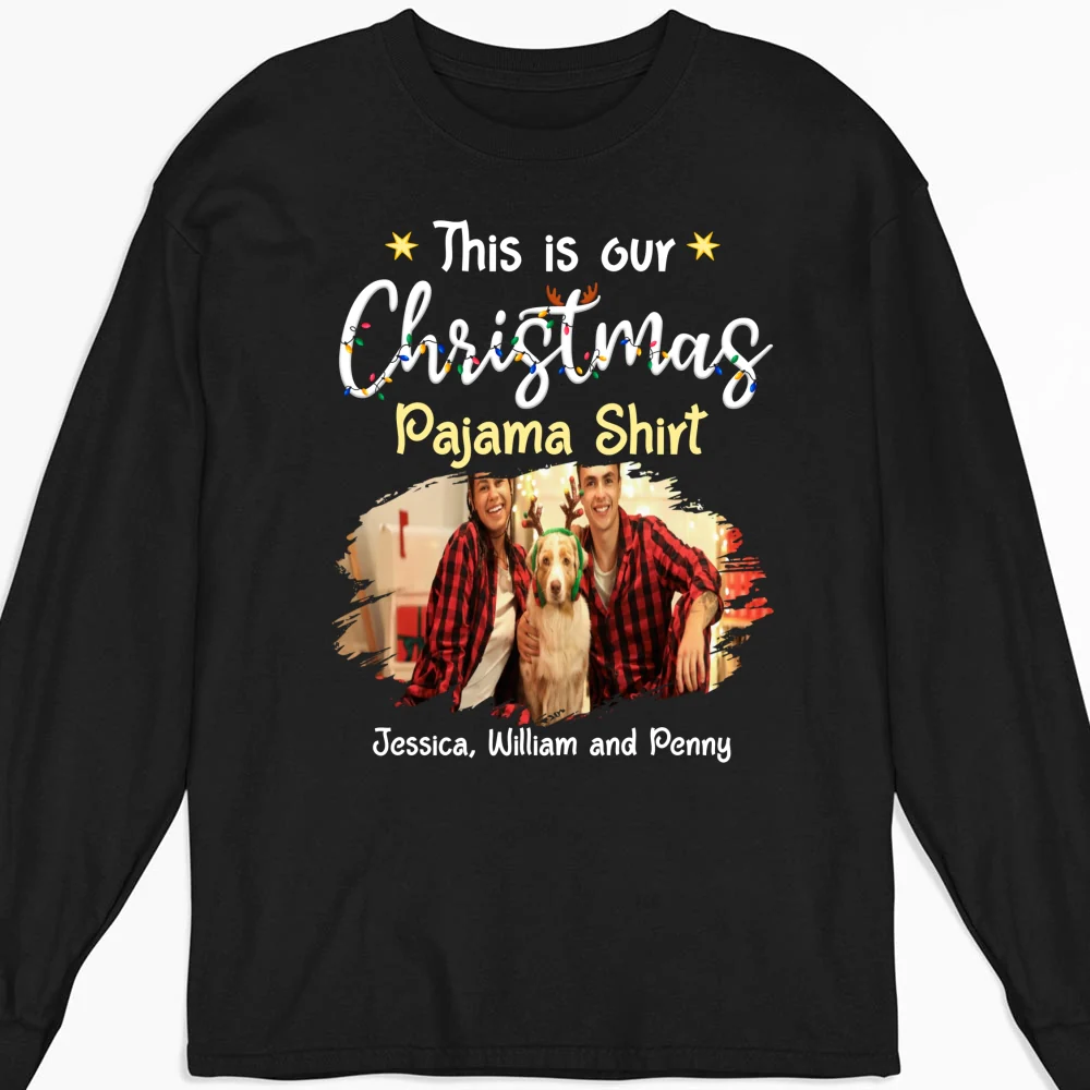 Pawjama Shirt Cartoon Christmas Ver Couple Photo - Personalized Custom Long Sleeve T-Shirt - Image 4