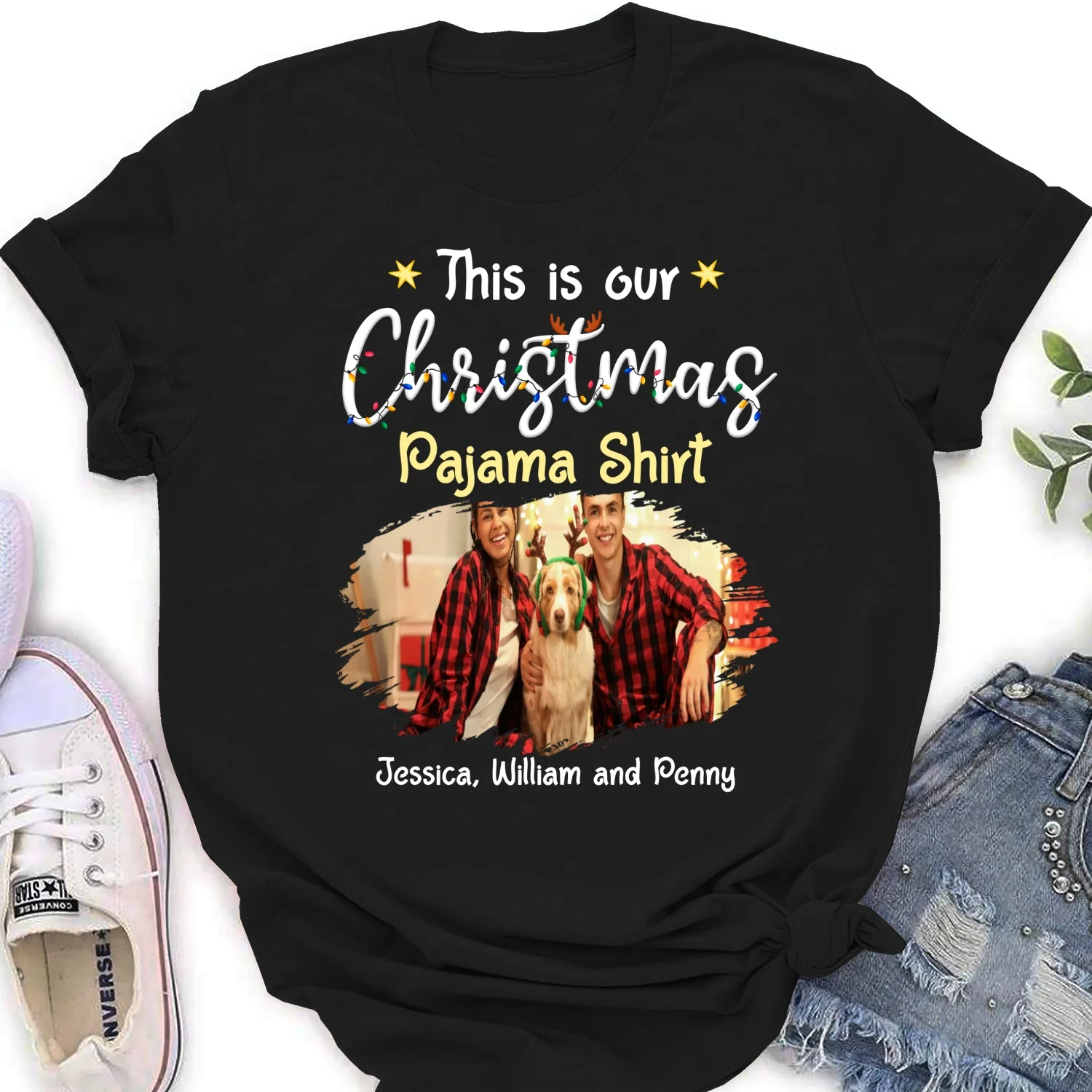 Pawjama Shirt Cartoon Christmas Ver Couple Photo - Personalized Custom Women T-Shirt - Image 3