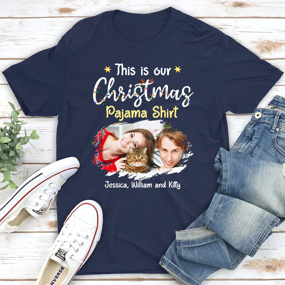 Pawjama Shirt Cat Christmas Ver Couple Photo - Personalized Custom Unisex T-Shirt - Image 2