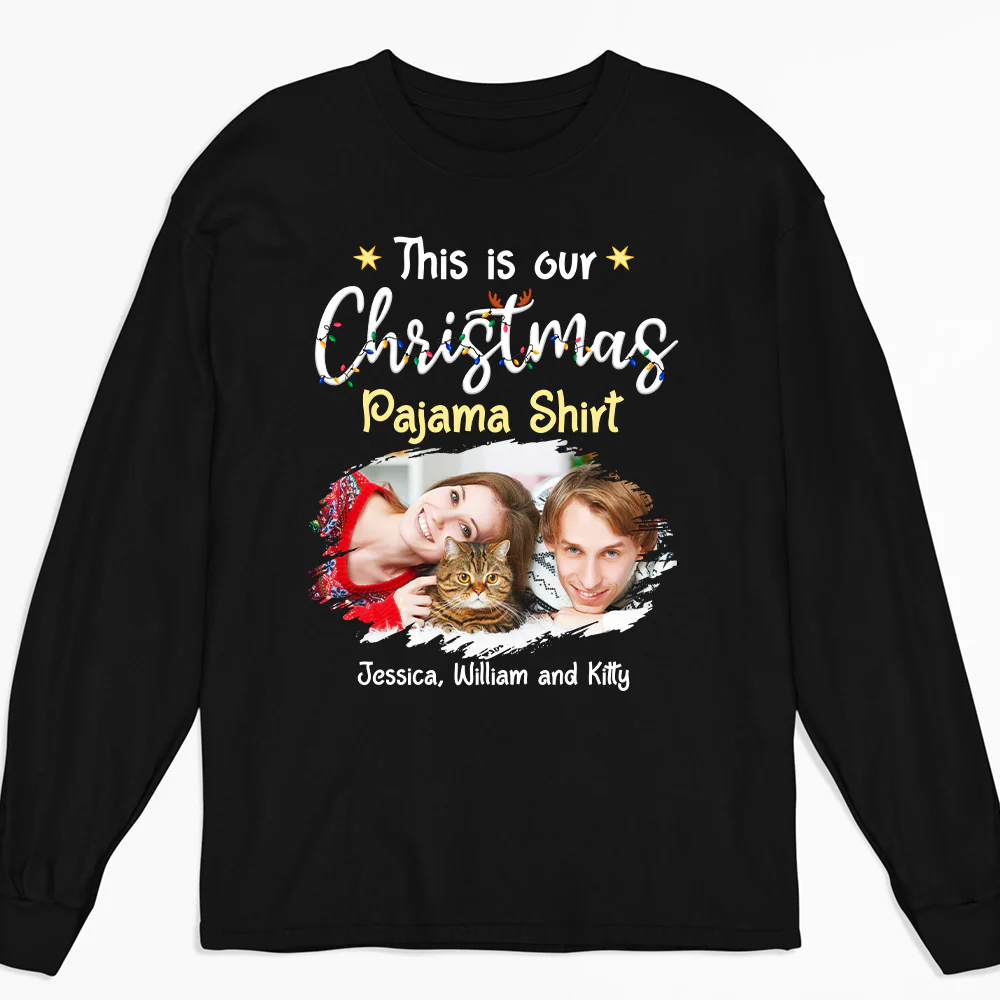 Pawjama Shirt Cat Christmas Ver Couple Photo - Personalized Custom Long Sleeve T-Shirt