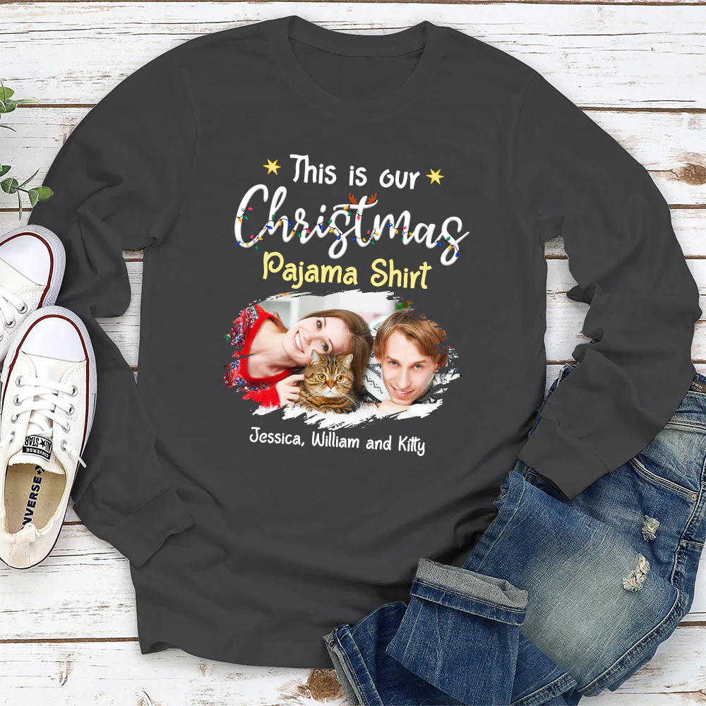 Pawjama Shirt Cat Christmas Ver Couple Photo - Personalized Custom Long Sleeve T-Shirt - Image 2