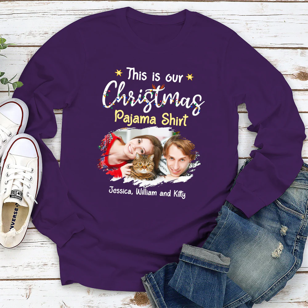 Pawjama Shirt Cat Christmas Ver Couple Photo - Personalized Custom Long Sleeve T-Shirt - Image 3