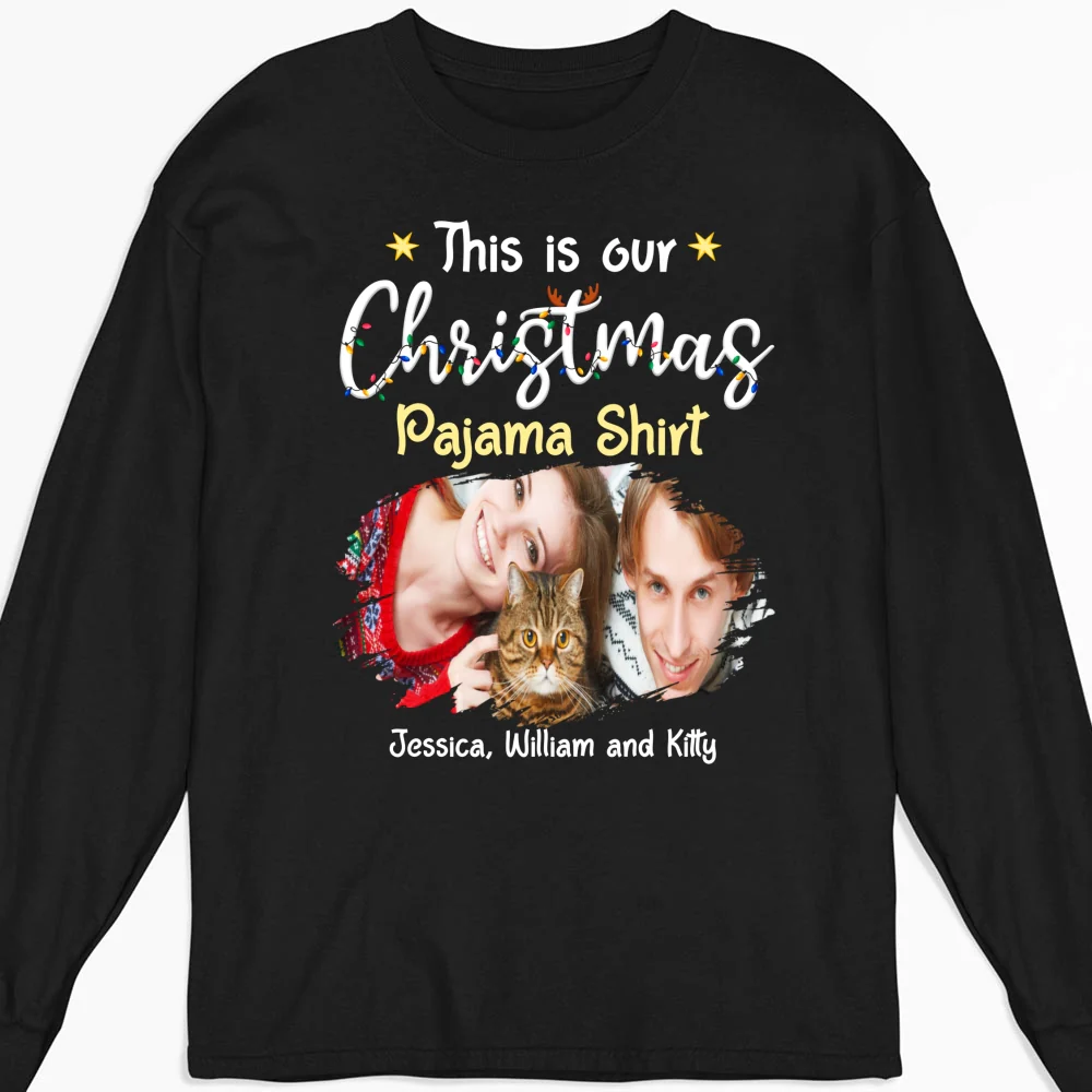 Pawjama Shirt Cat Christmas Ver Couple Photo - Personalized Custom Long Sleeve T-Shirt - Image 4