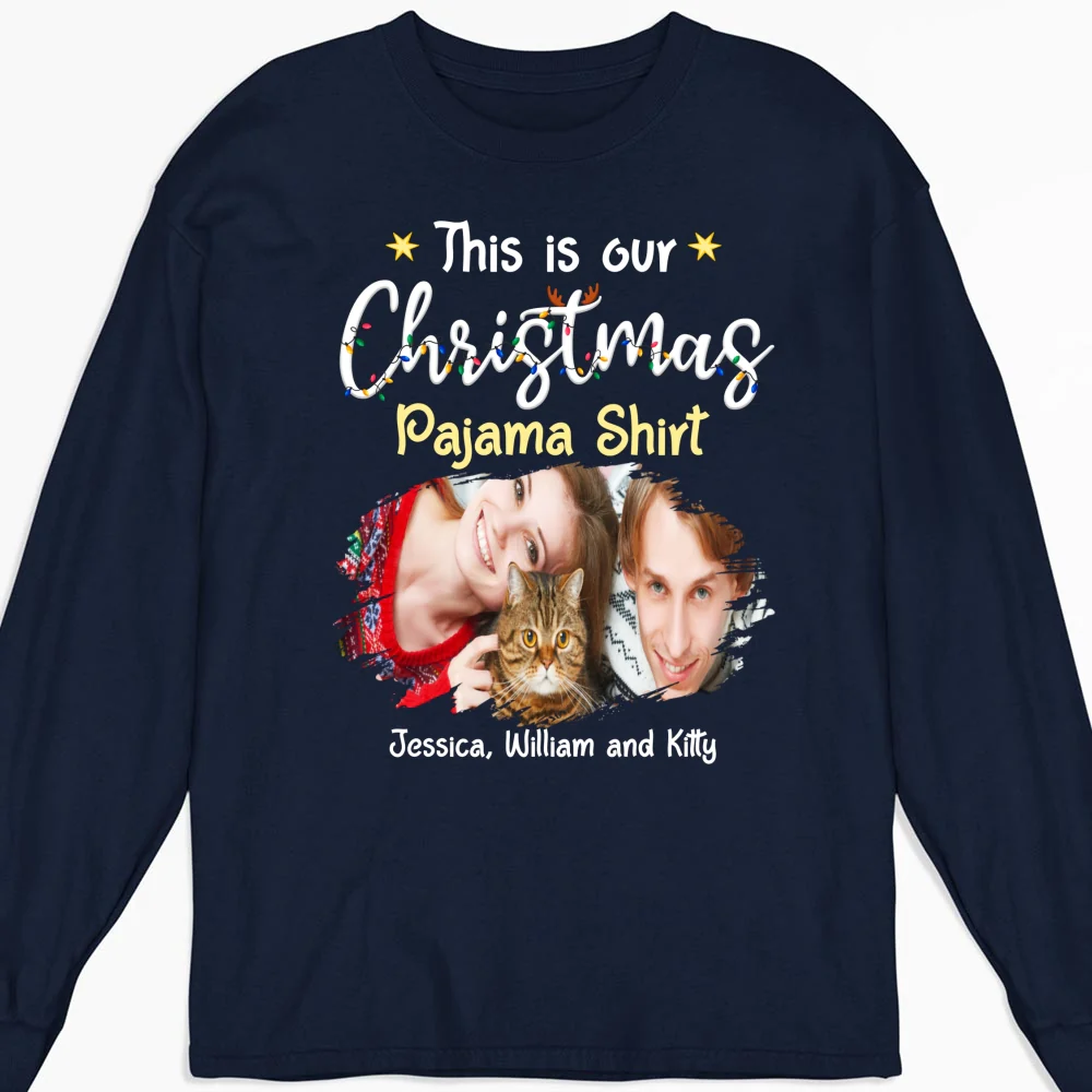 Pawjama Shirt Cat Christmas Ver Couple Photo - Personalized Custom Long Sleeve T-Shirt - Image 5