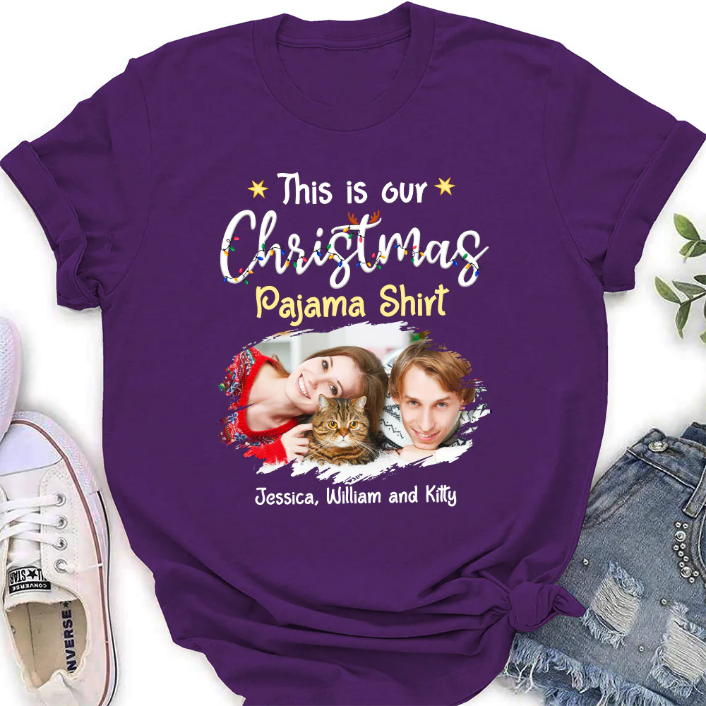 Pawjama Shirt Cat Christmas Ver Couple Photo - Personalized Custom Women T-Shirt - Image 3