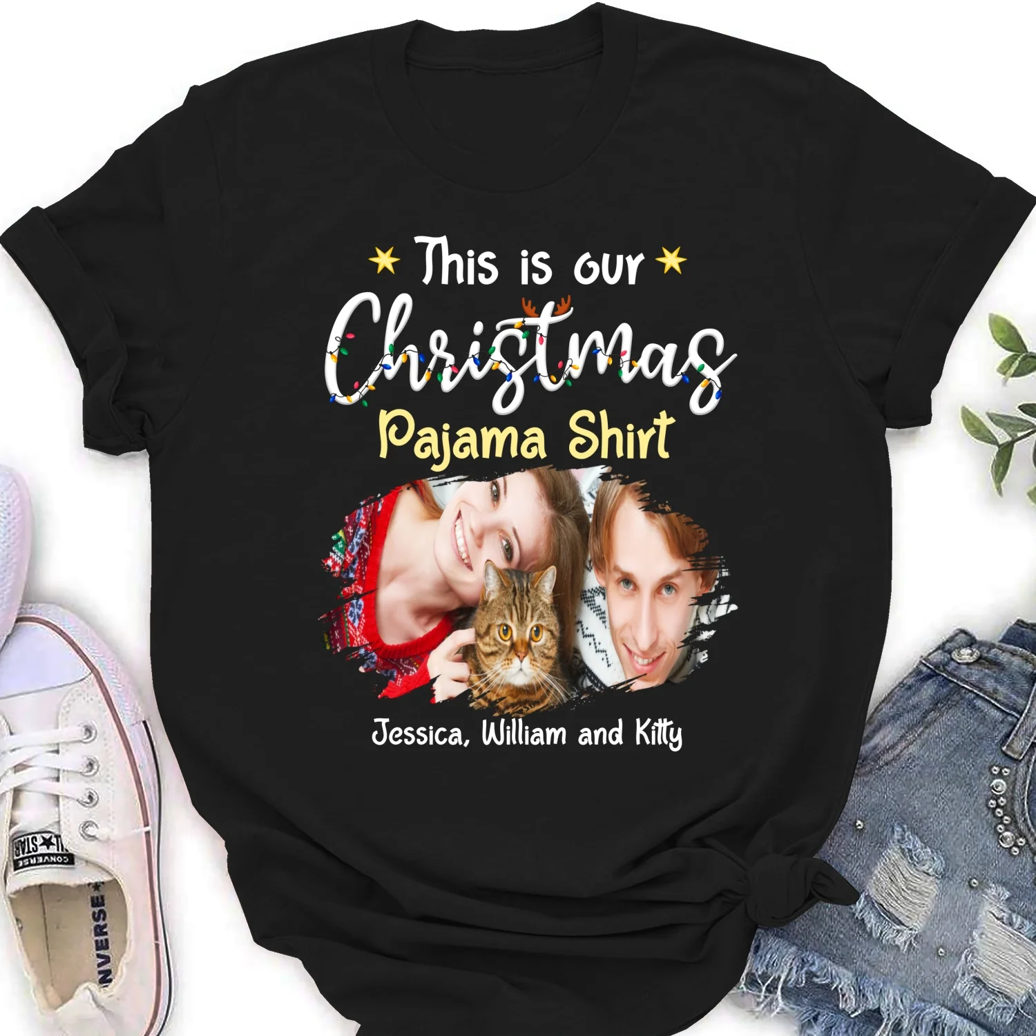 Pawjama Shirt Cat Christmas Ver Couple Photo - Personalized Custom Women T-Shirt - Image 4
