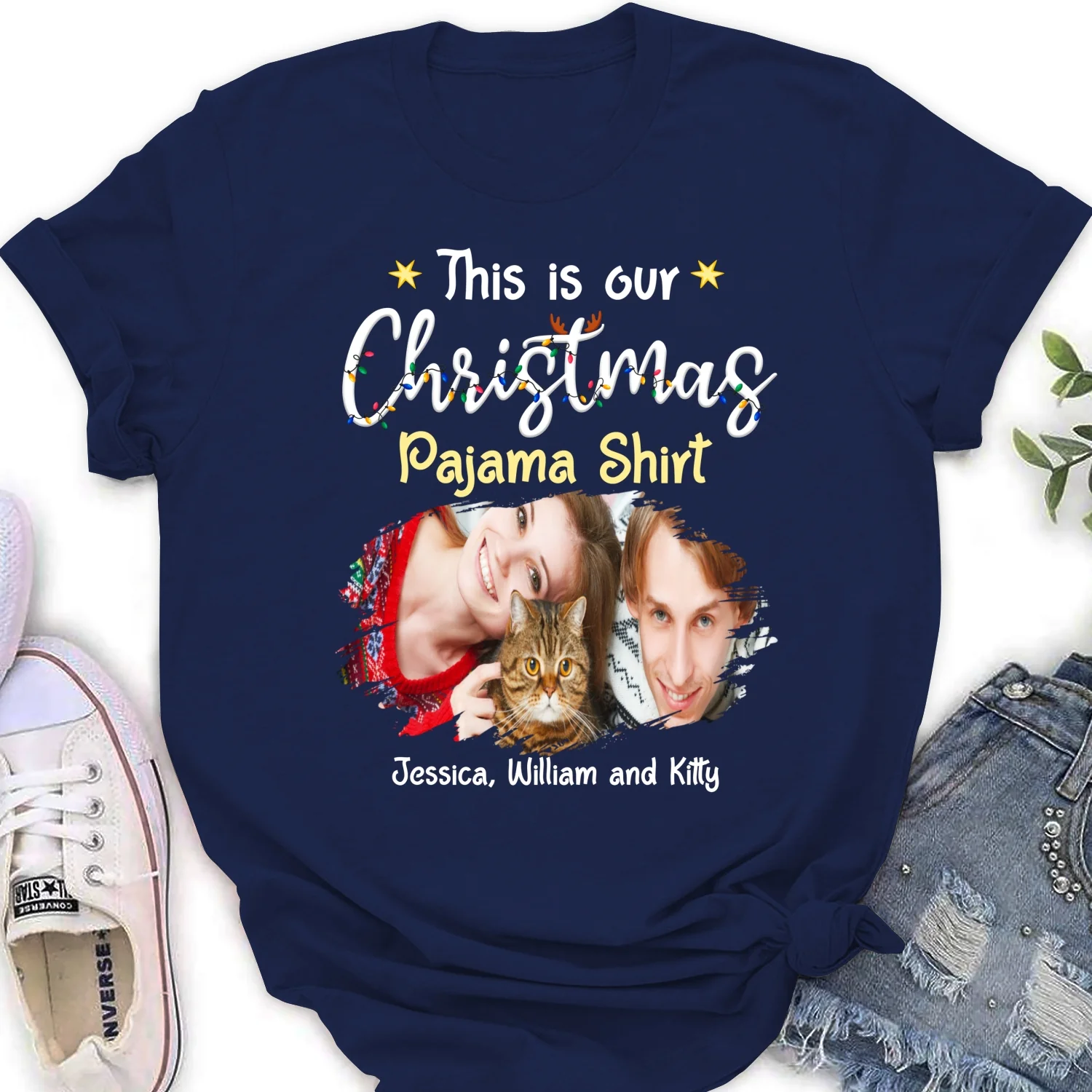 Pawjama Shirt Cat Christmas Ver Couple Photo - Personalized Custom Women T-Shirt - Image 5