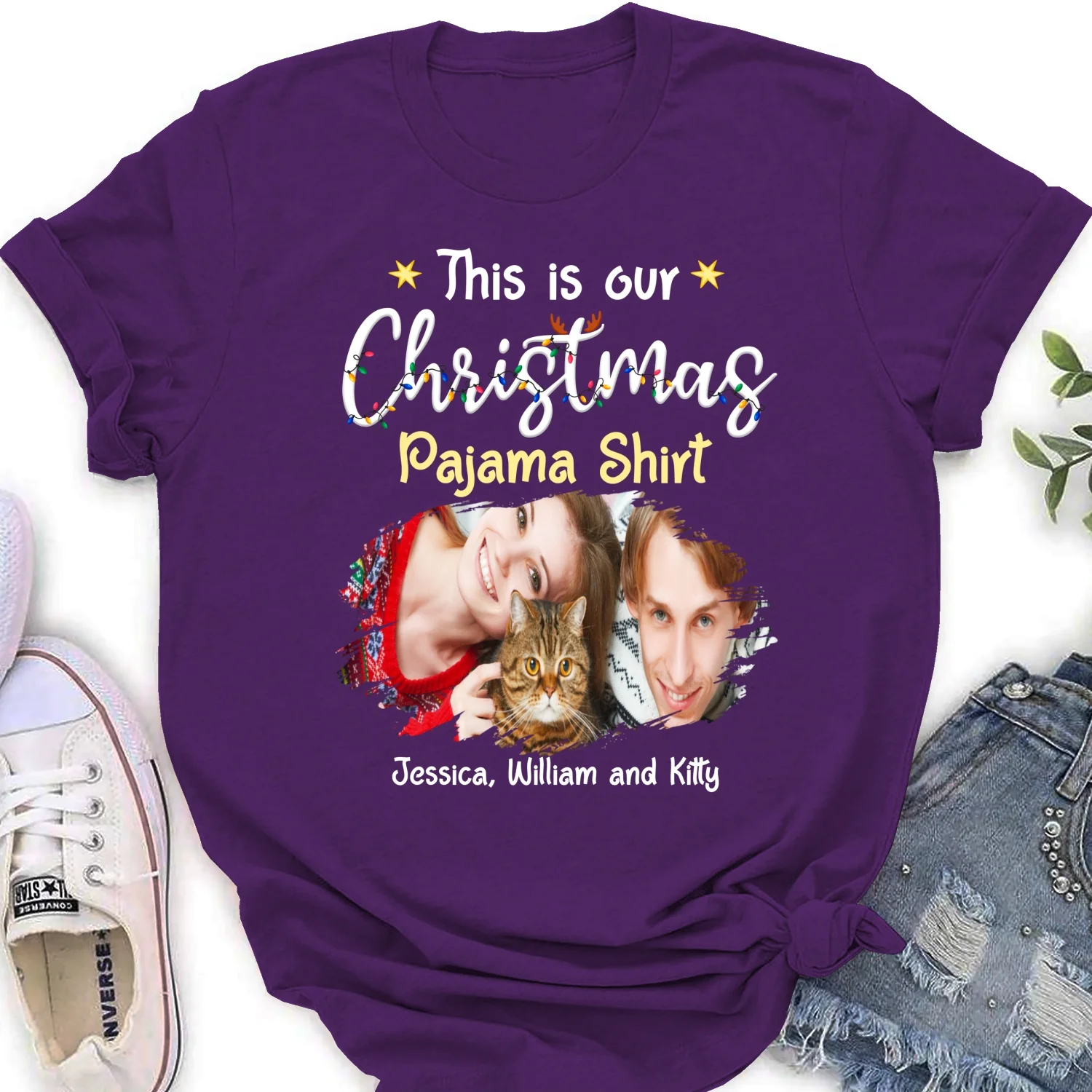 Pawjama Shirt Cat Christmas Ver Couple Photo - Personalized Custom Women T-Shirt - Image 8