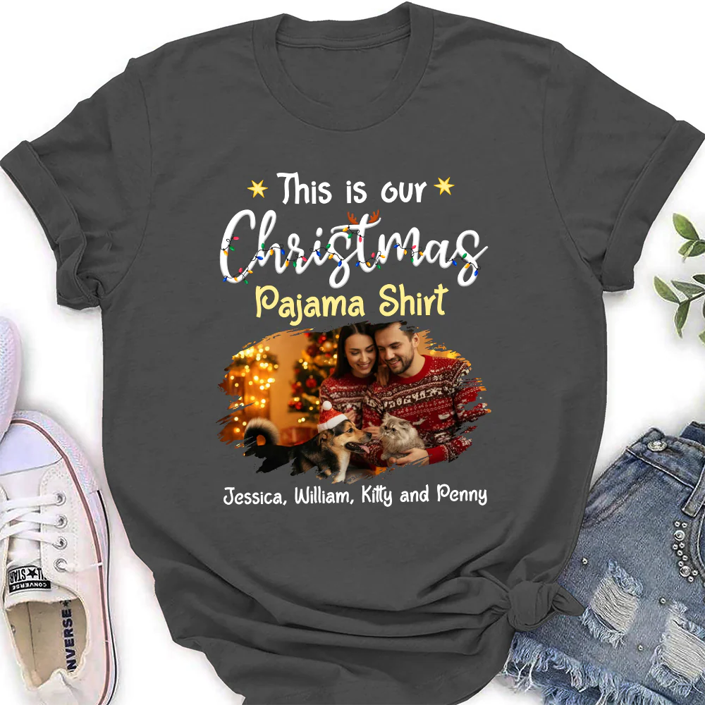 Pawjama Shirt Pet Christmas Ver Couple Photo - Personalized Custom Women T-Shirt