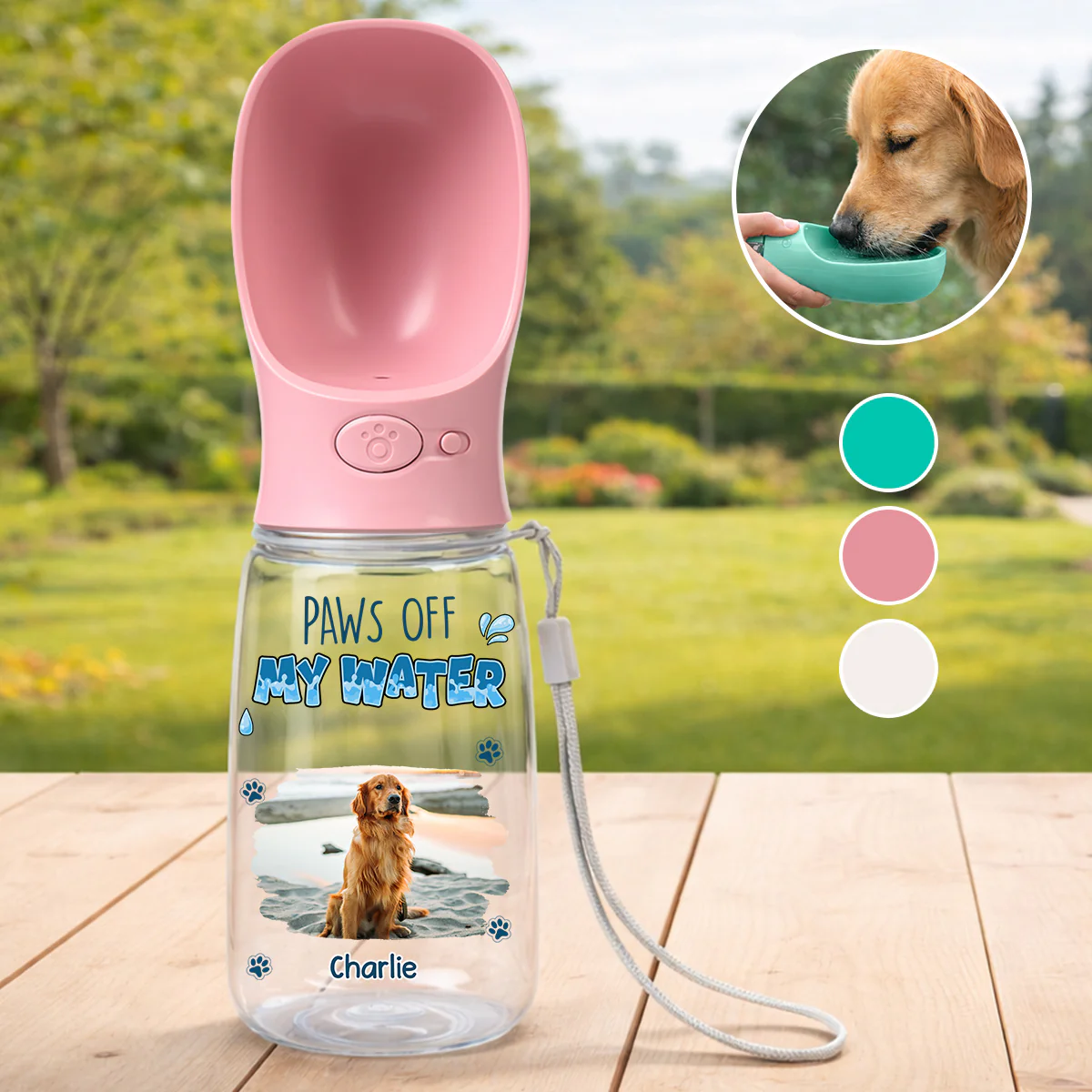 Paws Off My Water Photo - Personalized Custom Pet Water Bottle With Drinking Feeder