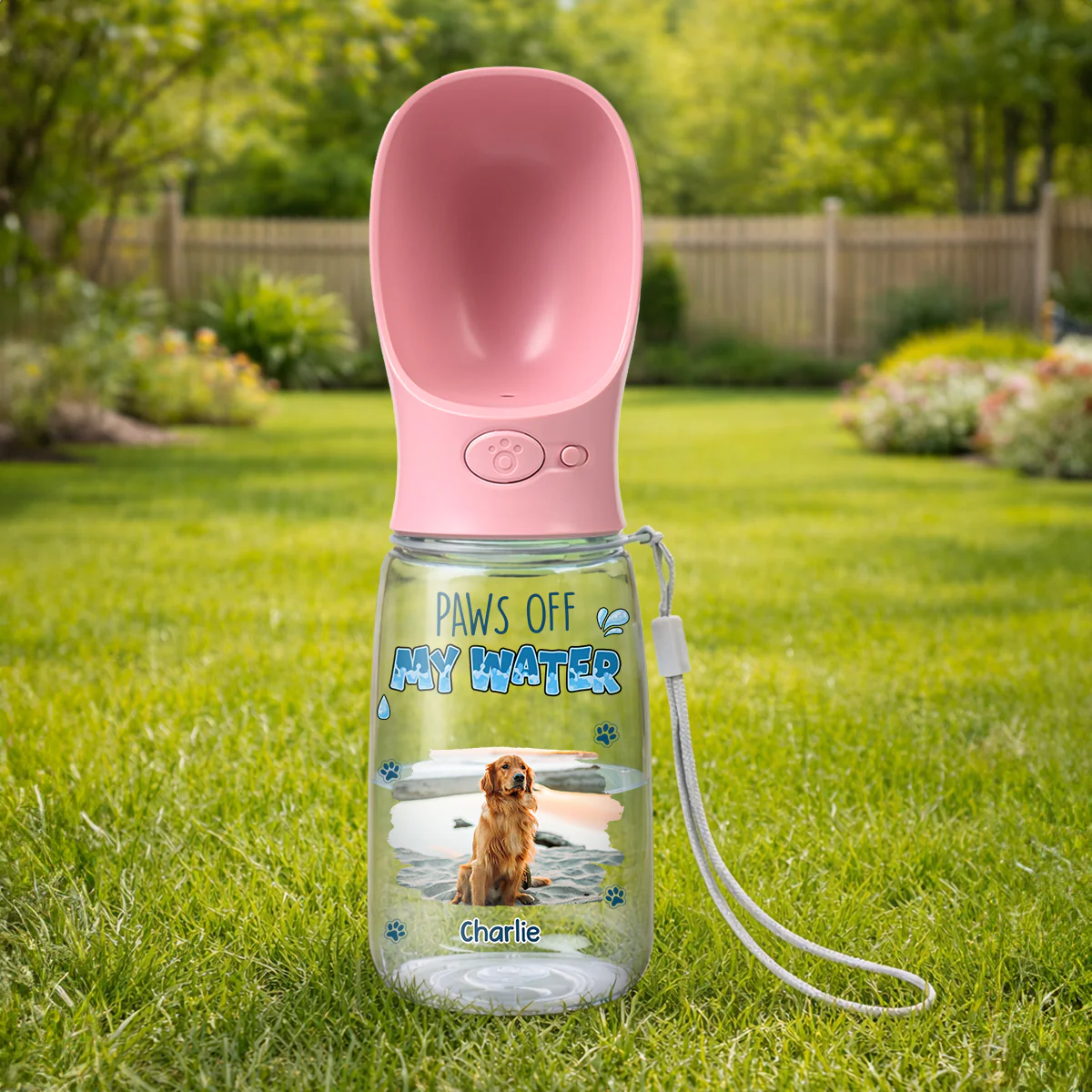 Paws Off My Water Photo - Personalized Custom Pet Water Bottle With Drinking Feeder - Image 2