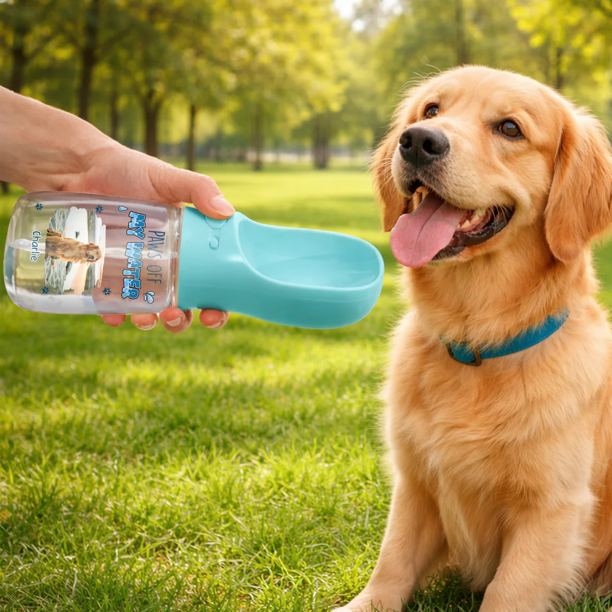 Paws Off My Water Photo - Personalized Custom Pet Water Bottle With Drinking Feeder - Image 3