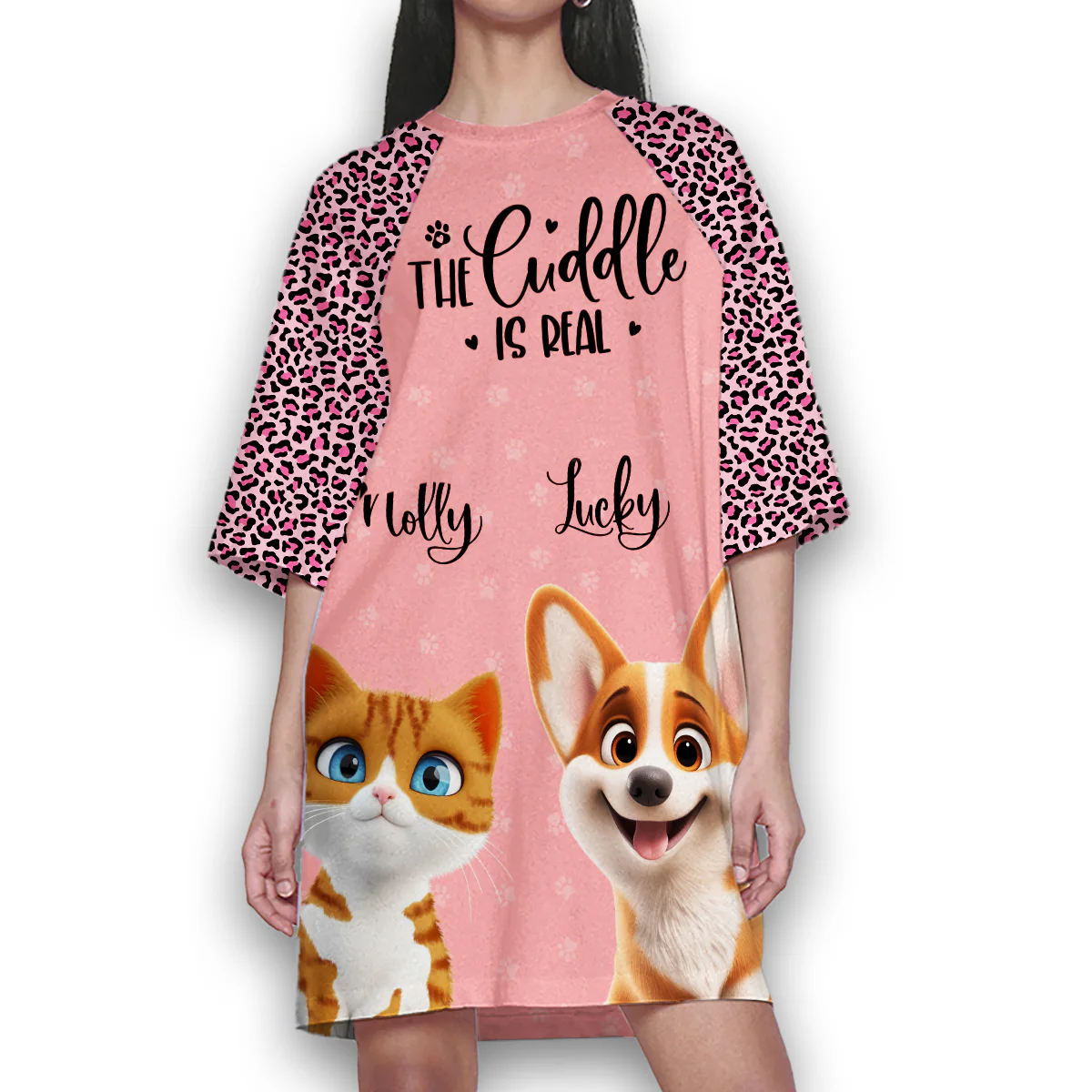 Pet Cartoon Snuggle - Personalized Custom 3/4 Sleeve Dress